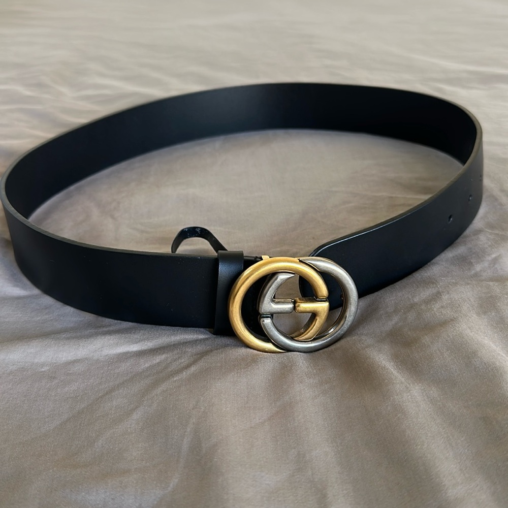 Gucci Black Leather upper waist Belt 2-tone Gold & Silver Buckle, size s/m